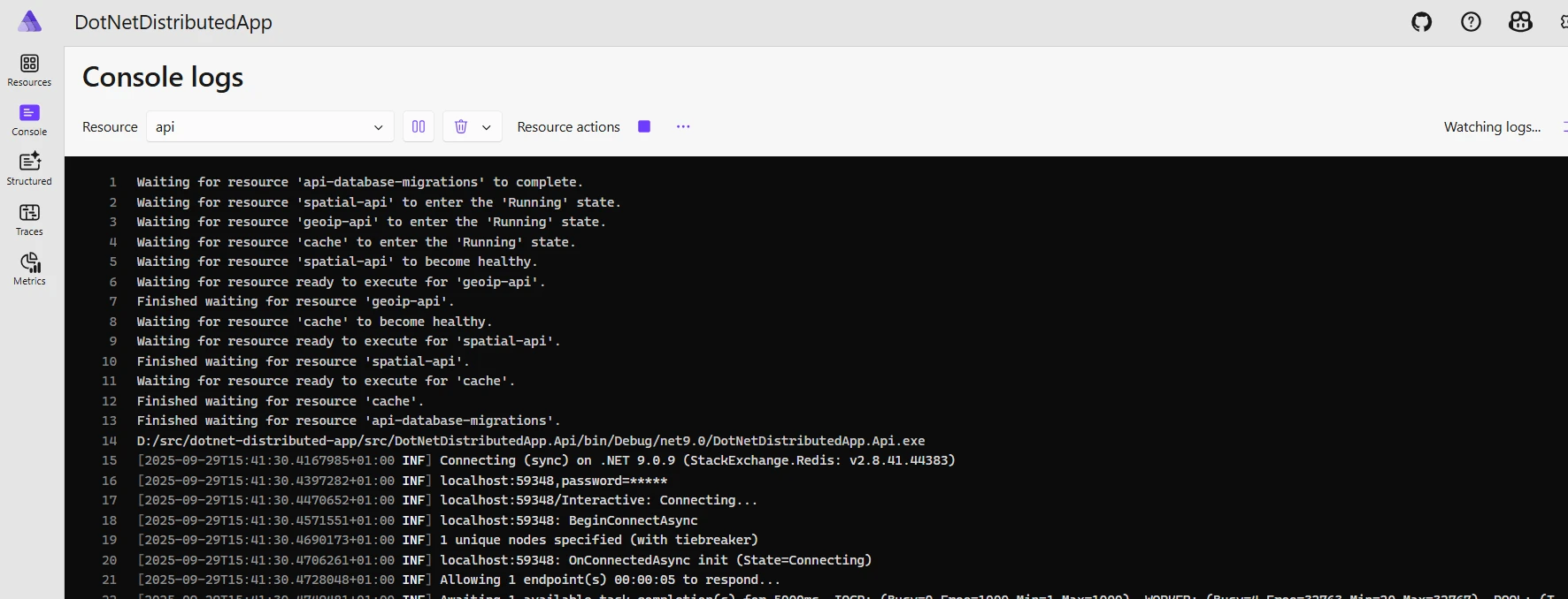 Aspire dashboard console logs