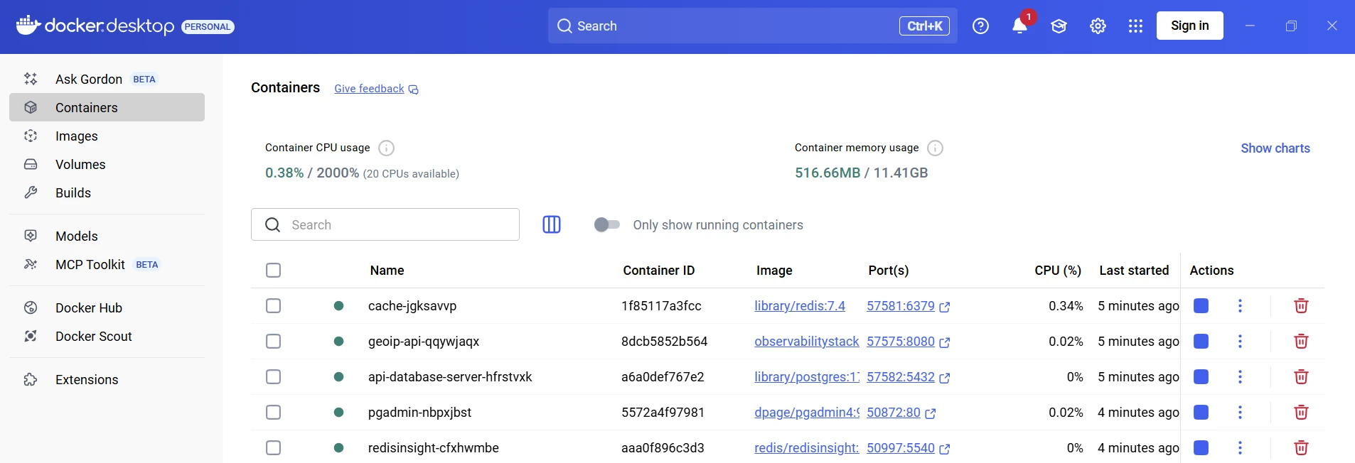 Docker Desktop view of Aspire managed dependencies